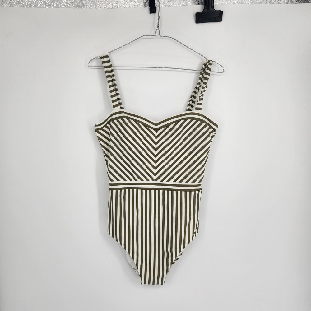 Boden 10R Olive Ivory Stripe Clean Sweetheart Swimsuit NWT